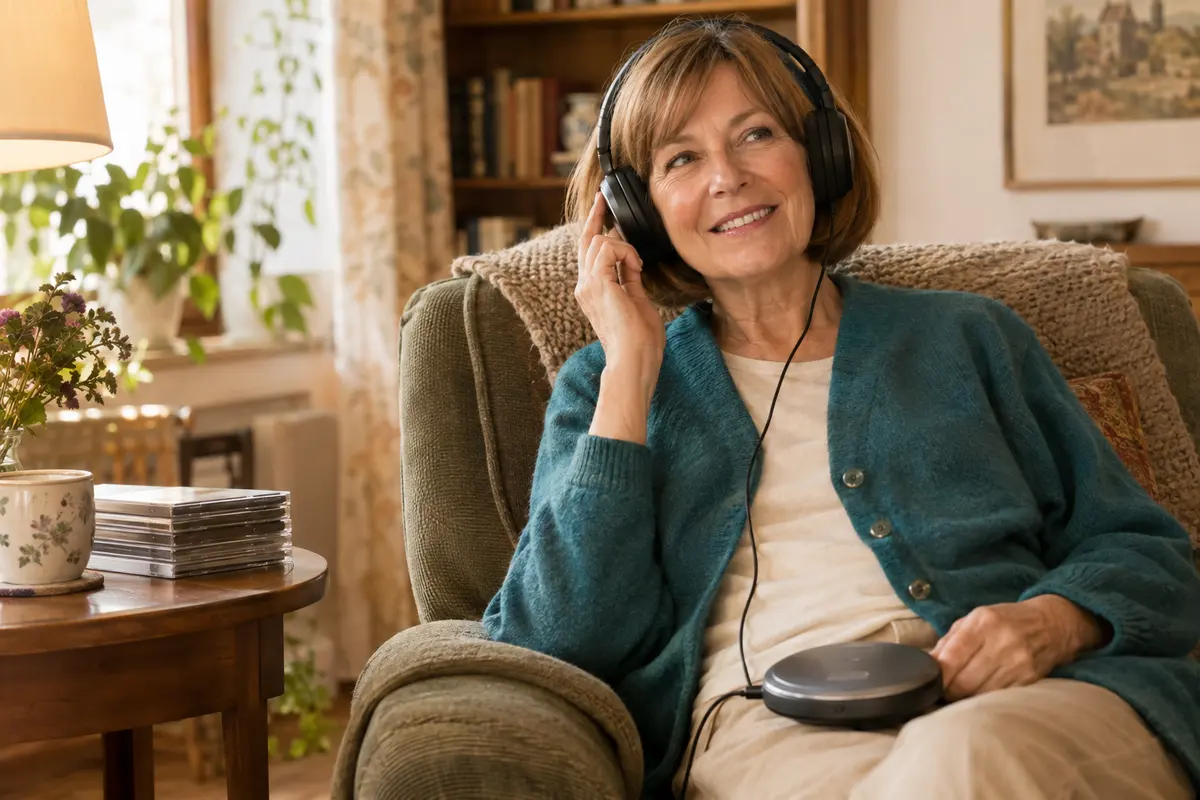 Mit Kopfhörern am tragbaren CD-Spieler hört eine Oma mit hellbraunem Bob im Sessel ein Hörbuch, daneben liegt ein Stapel CDs.