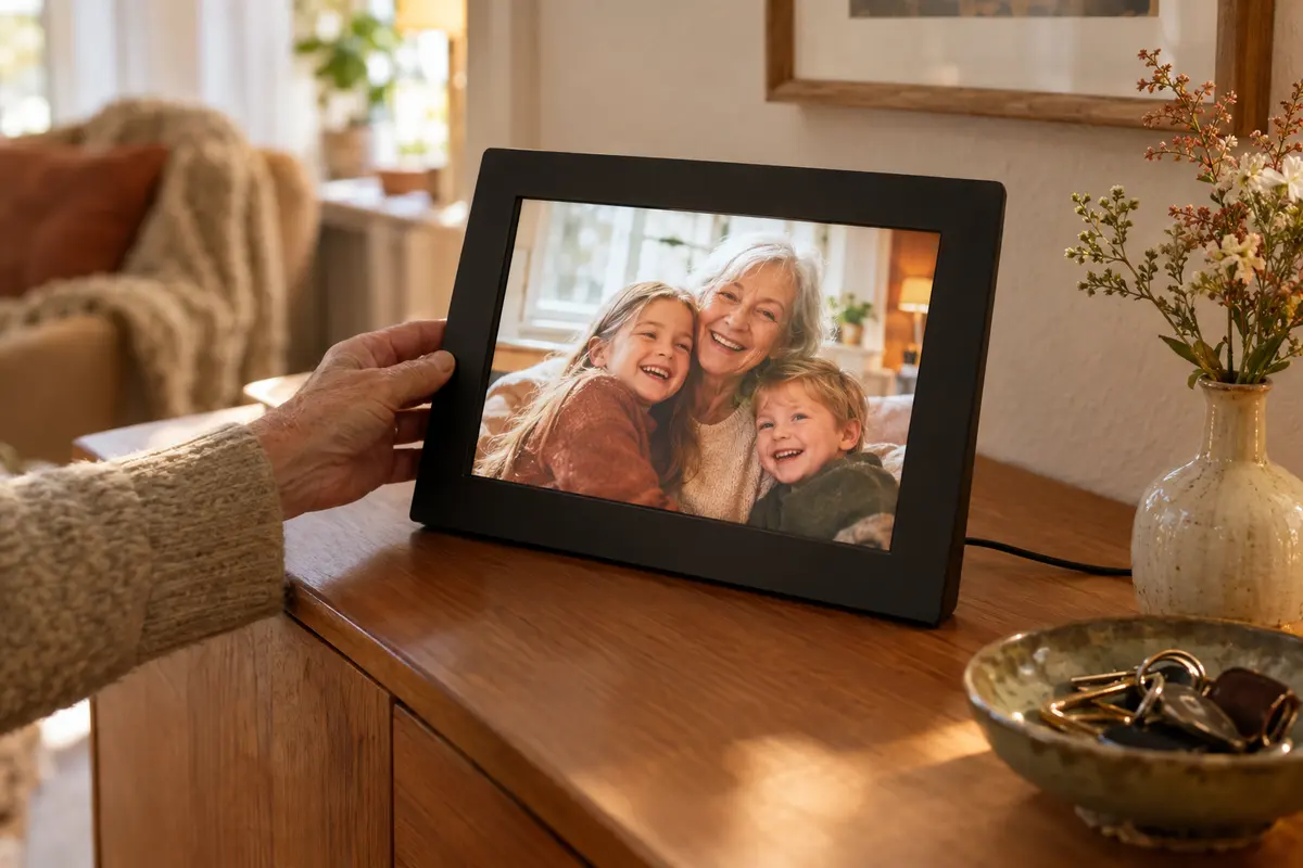 Ein digitaler Bilderrahmen mit Aufnahme von Oma und ihren beiden Enkelkindern wird von einer Hand auf der Kommode platziert.