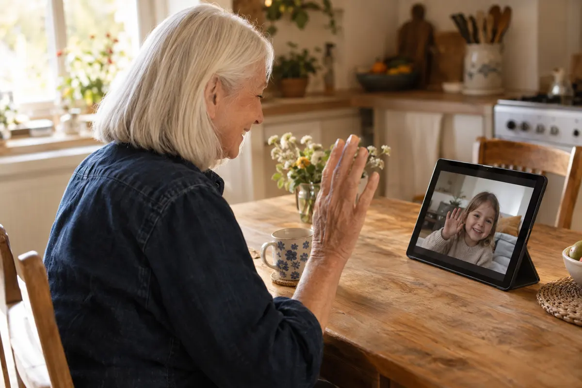 Per Videoanruf winkt eine Oma mit langem weißem Haar am Küchentisch ihrer Enkelin zu, die ihr auf dem Tablet zurückwinkt.