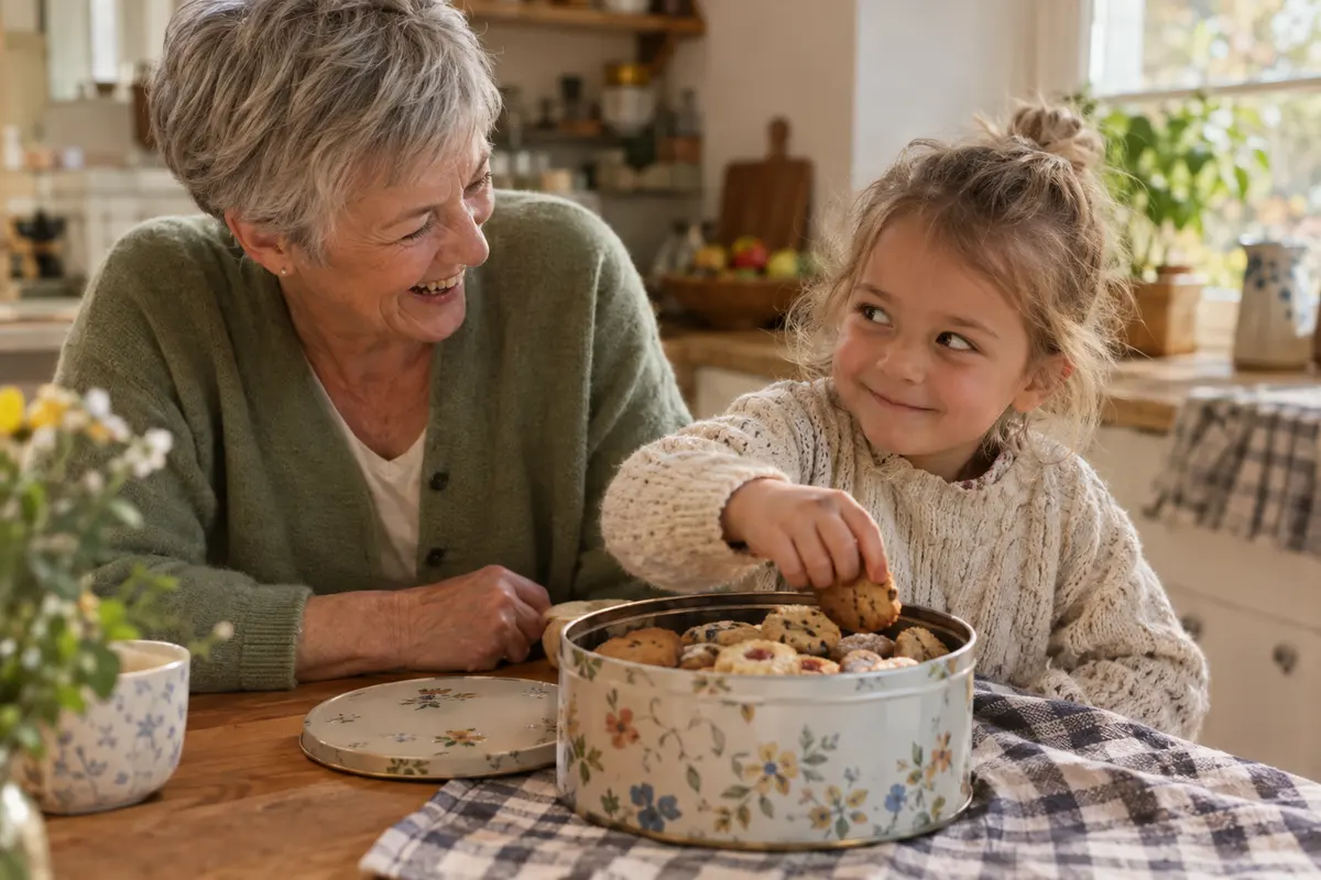 Aus einer geblümten Keksdose stibitzt ein kleines Mädchen ein Plätzchen, ihre Oma mit grauem Kurzhaarschnitt lacht am Küchentisch.