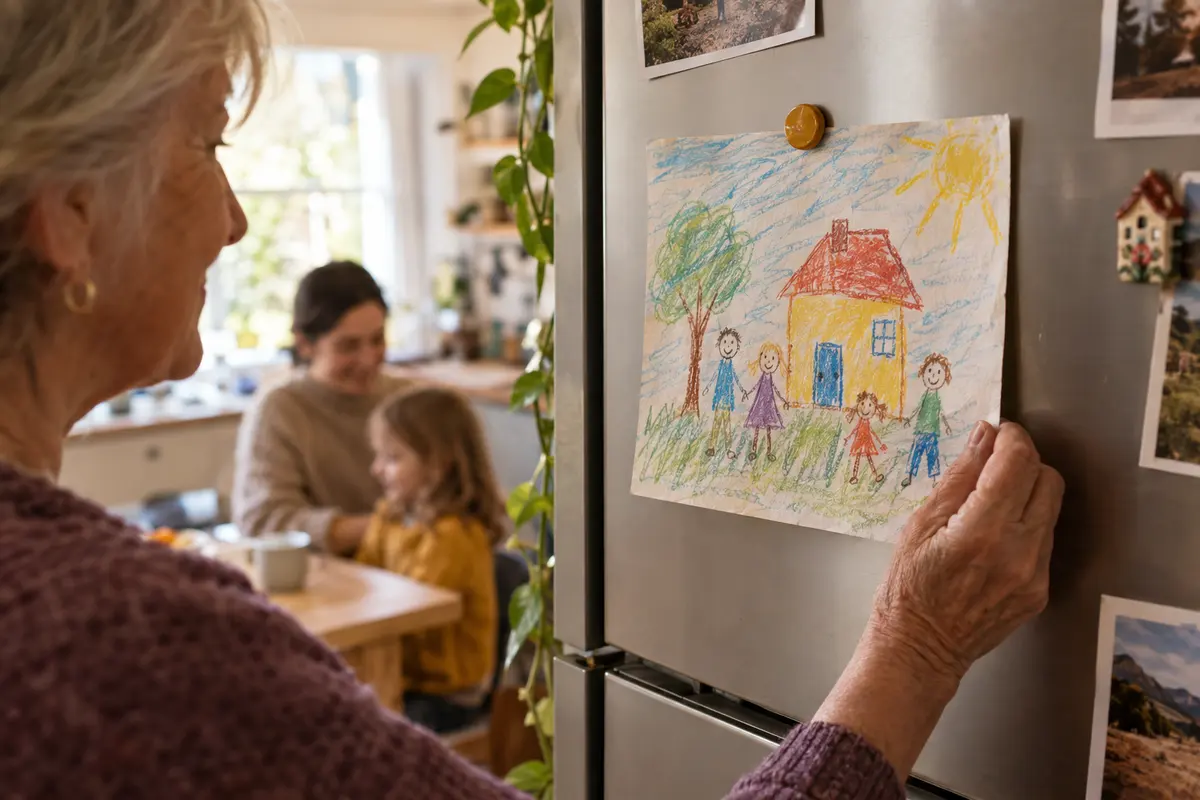 Eine bunte Kinderzeichnung mit Haus und Familie heftet eine Oma mit grauem Haar an den Kühlschrank, im Hintergrund sitzt ihre Enkelin.