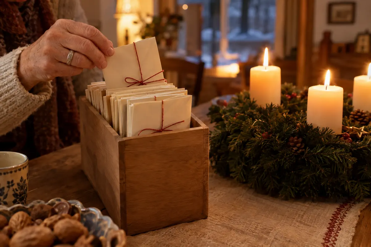 Aus einer Holzbox mit rot verschnürten Umschlägen zieht eine Hand einen Brief, daneben brennen Kerzen auf dem Adventskranz.