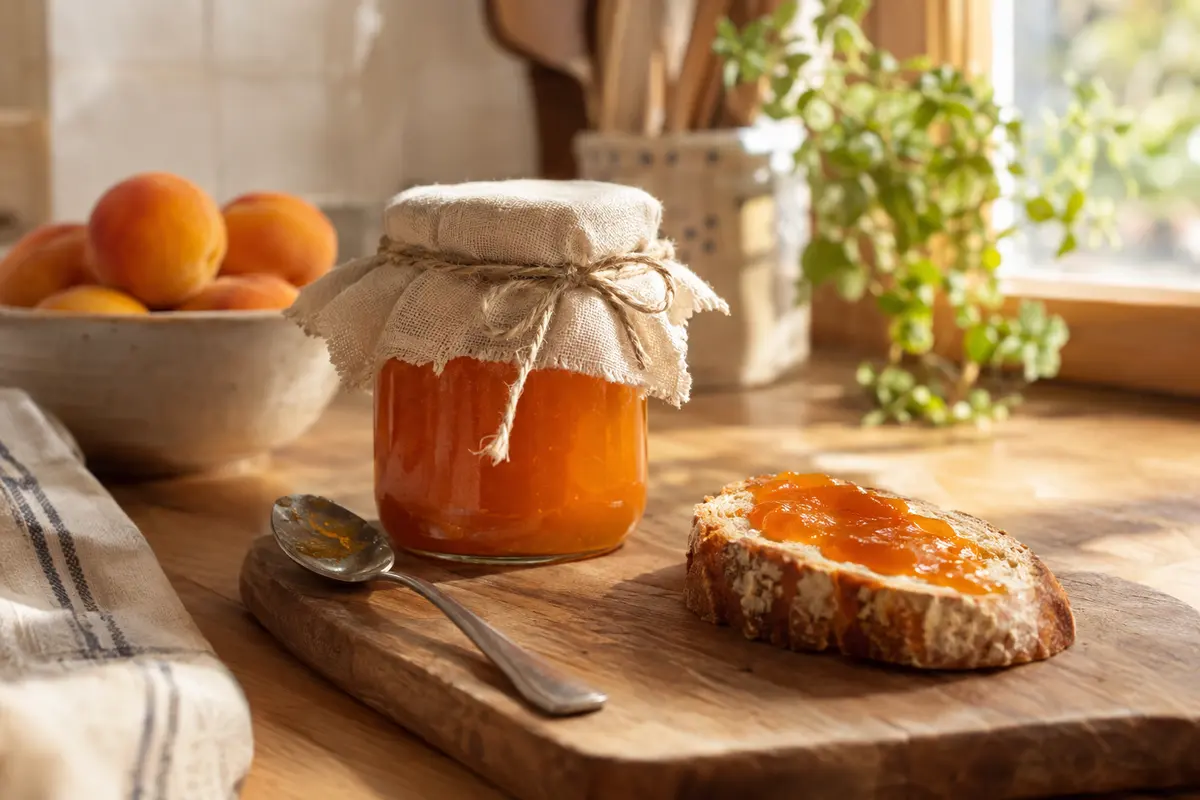 Ein Glas selbstgemachte Aprikosenmarmelade mit Stoffdeckel steht neben einer bestrichenen Brotscheibe und einer Schüssel frischer Aprikosen.
