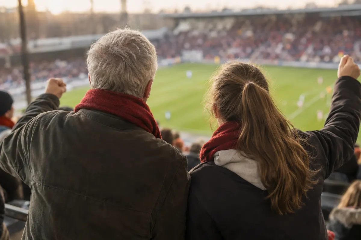 Im Stadion jubeln ein Opa mit grauem Haar und rotem Schal und eine junge Frau mit erhobenen Fäusten, den Blick aufs Spielfeld gerichtet.