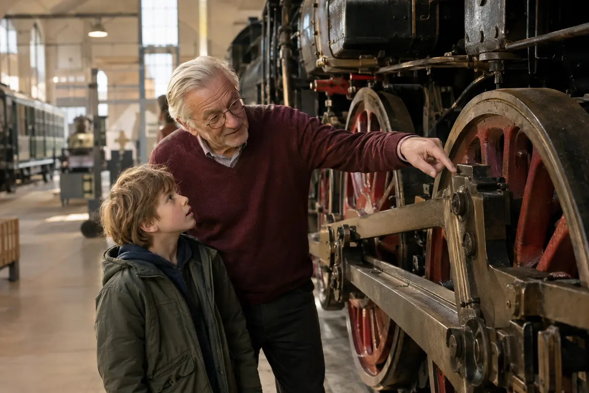 Die roten Räder einer historischen Dampflokomotive zeigt ein Opa mit Brille und weißem Haar einem Jungen im Museum.