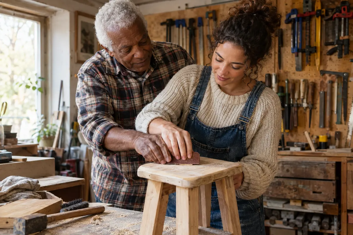 An einem Holzhocker schleift ein grauhaariger Opa mit einer jungen Frau in der Werkstatt, umgeben von Werkzeug an der Wand.