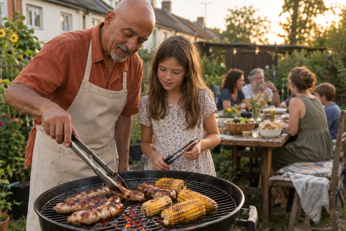 Beim Grillabend im Garten wendet Opa mit Schürze Würstchen neben Maiskolben, während ein Mädchen eine Zange hält.