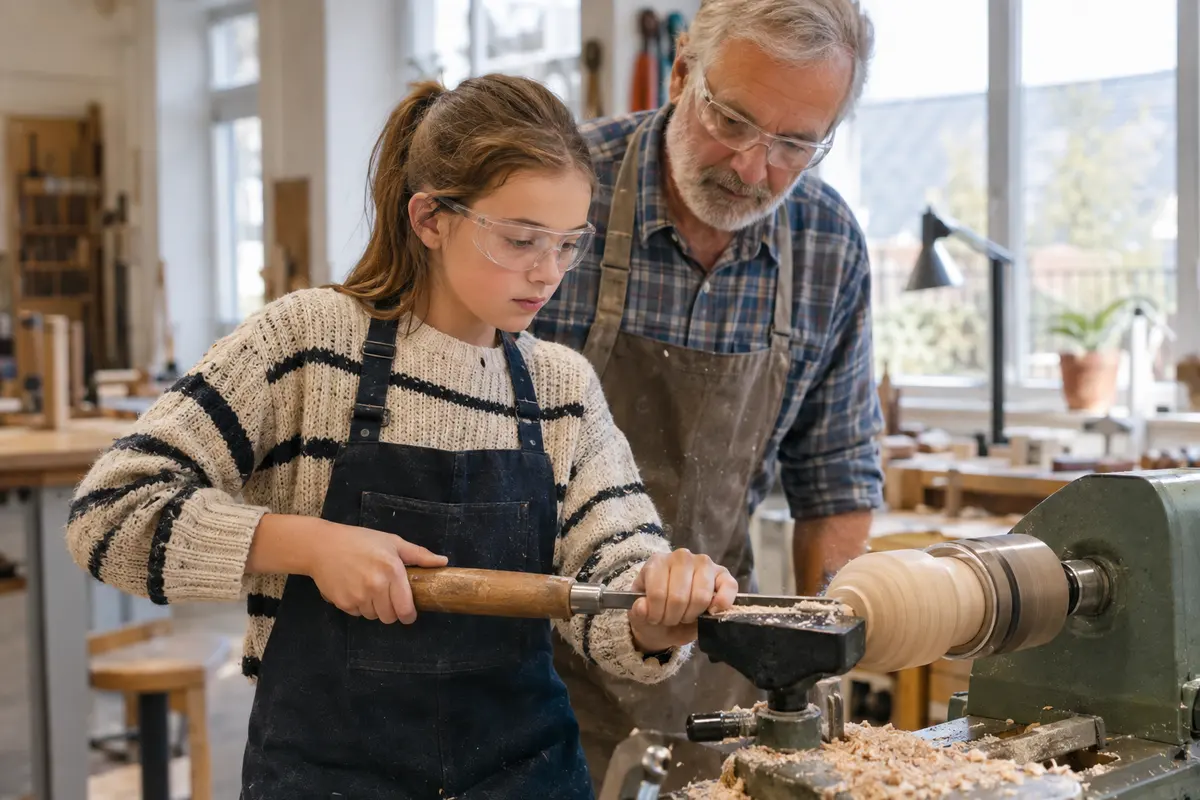 An einer Drechselbank formt ein Mädchen mit Schutzbrille ein Holzstück, während ein bärtiger Opa mit Brille ihr über die Schulter schaut.