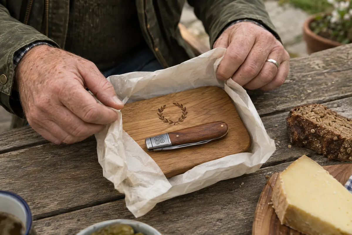 Taschenmesser mit Holzgriff und Holzbrett mit graviertem Zweigkranz werden auf einem rustikalen Tisch aus Papier ausgepackt.