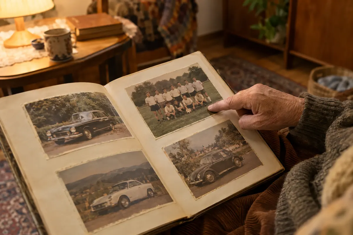 In einem Fotoalbum mit Autobildern und einem Mannschaftsfoto zeigt eine faltige Hand auf ein vergilbtes Foto einer Fußballmannschaft.