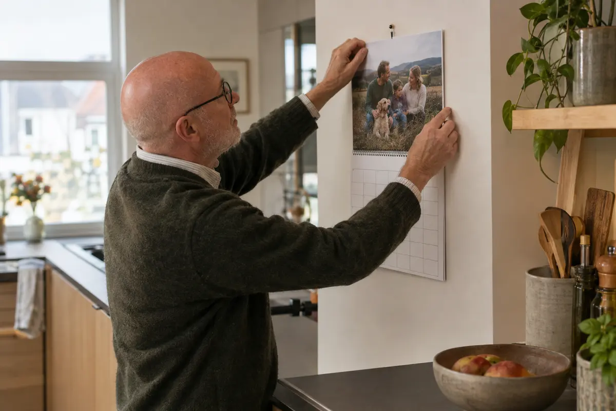 Einen Fotokalender mit einem Bild seiner Familie hängt ein bebrillter, glatzköpfiger Opa in der Küche an die Wand.