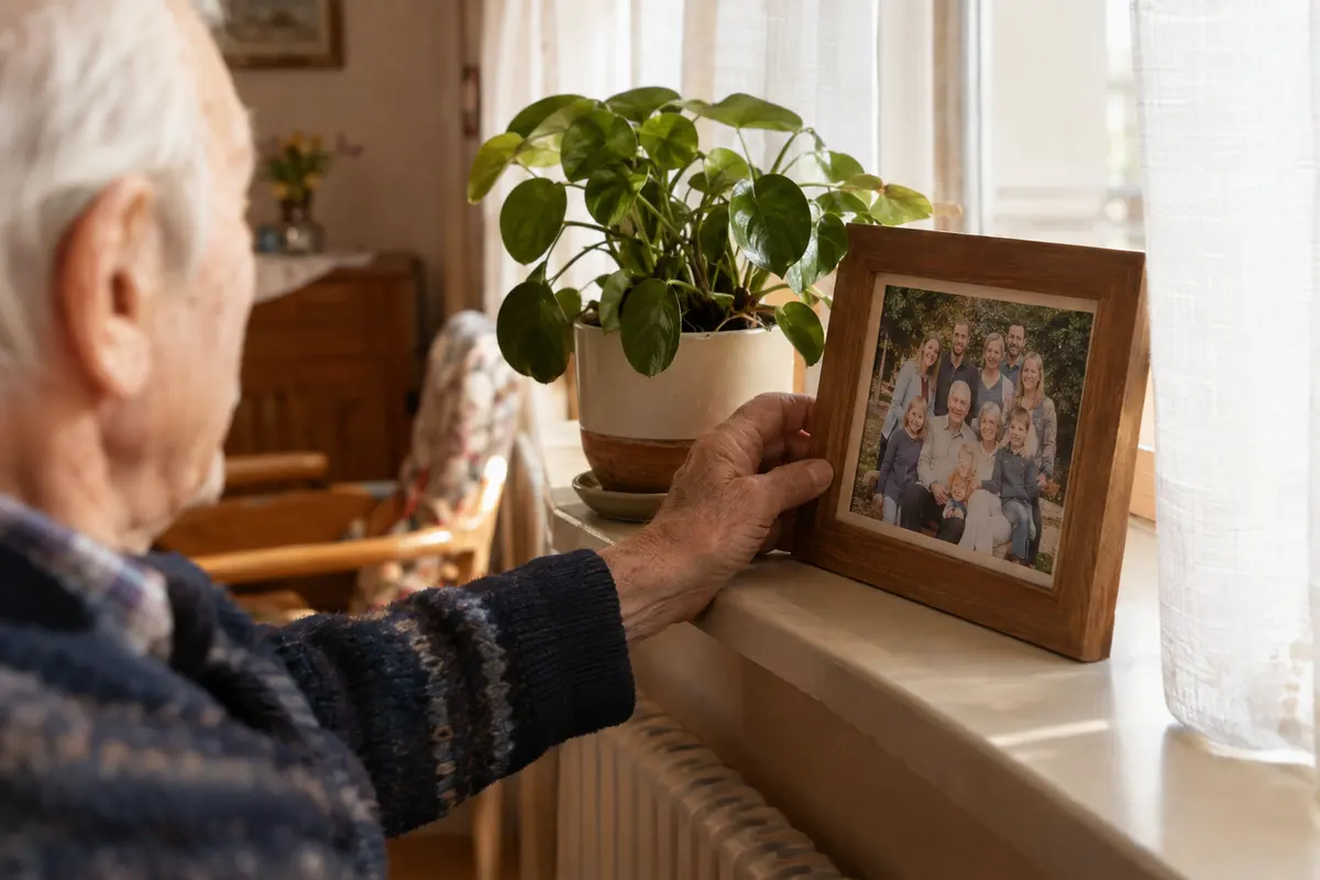 Ein gerahmtes Familienfoto mit vielen Angehörigen stellt eine faltige Hand auf die Fensterbank neben eine Topfpflanze.