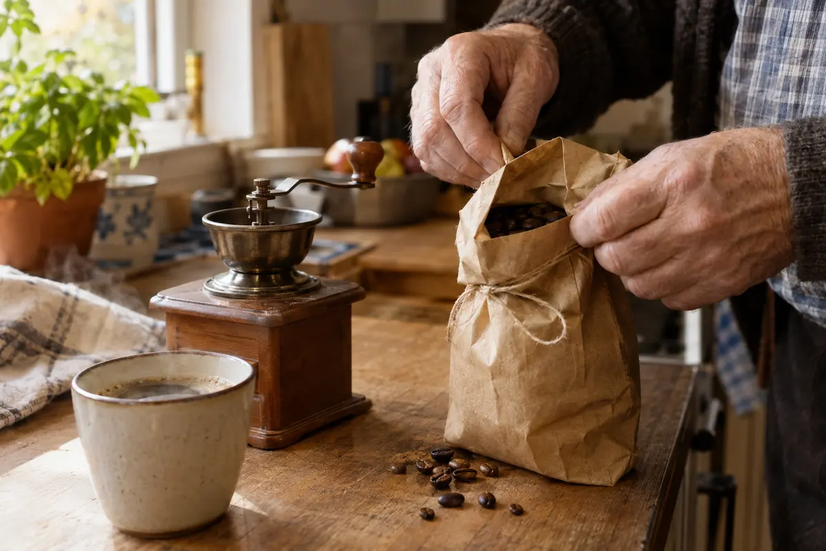 Frisch geröstete Kaffeebohnen füllt eine faltige Hand aus einer Papiertüte neben einer traditionellen Kaffeemühle auf dem Küchentisch.