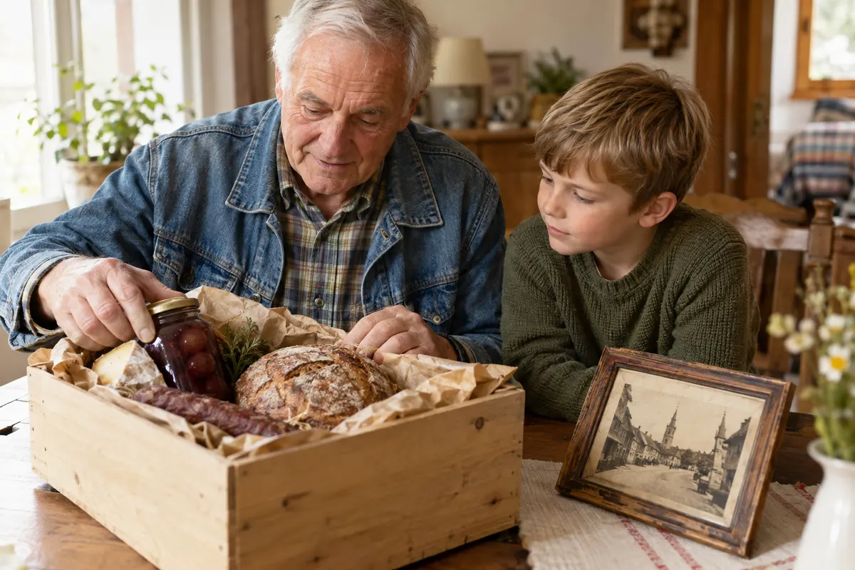 Brot, Wurst und ein Glas Marmelade liegen in einer Holzkiste, die ein weißhaariger Opa in Jeansjacke mit einem Jungen am Tisch auspackt.