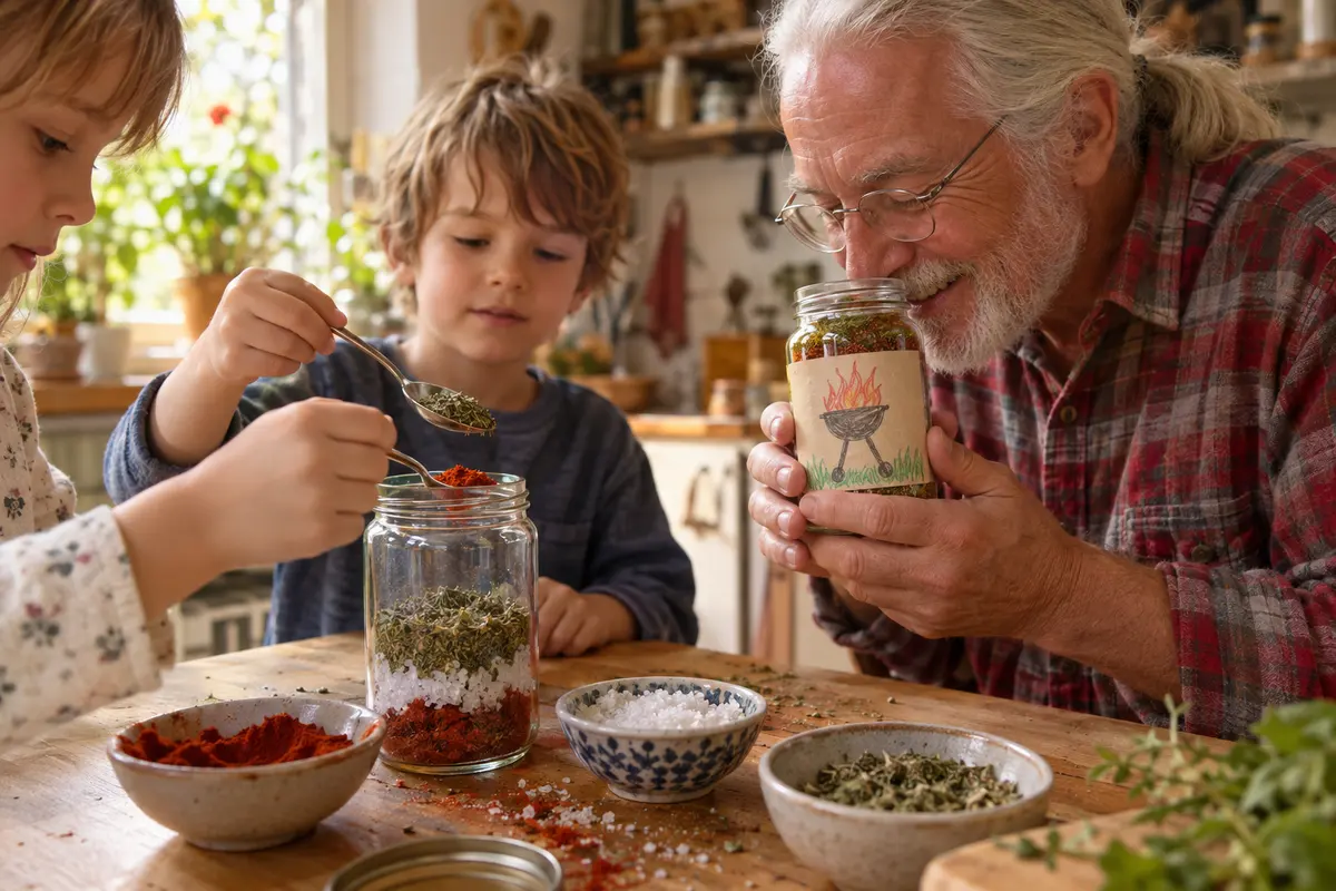 Gewürzmischung im Glas: Opa riecht daran, während zwei Kinder am Küchentisch Kräuter und rotes Pulver in ein Glas füllen.