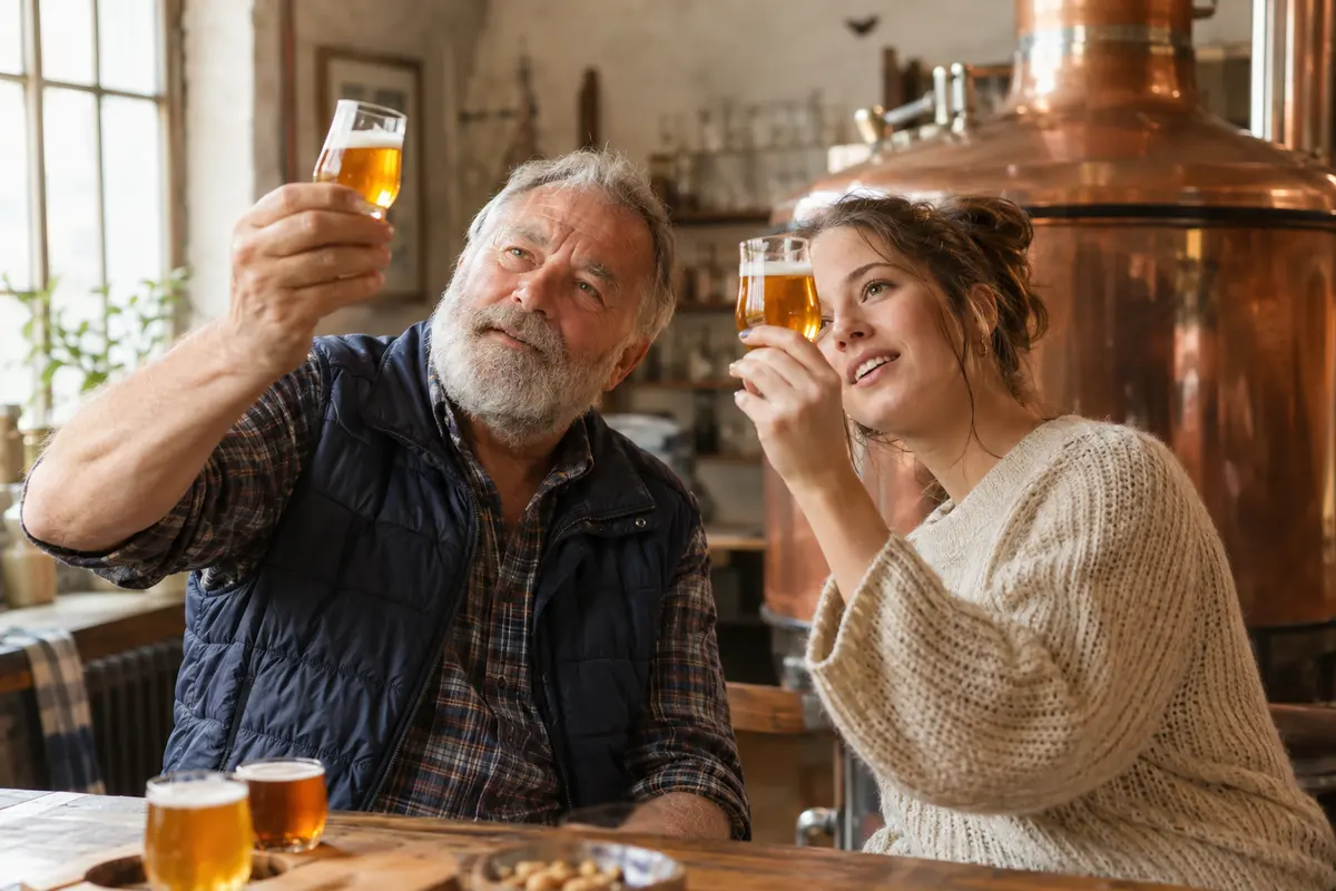 Zwei Gläser mit hellem Bier heben ein weißbärtiger Opa und eine junge Frau prüfend gegen das Licht, dahinter ein Kupferkessel.