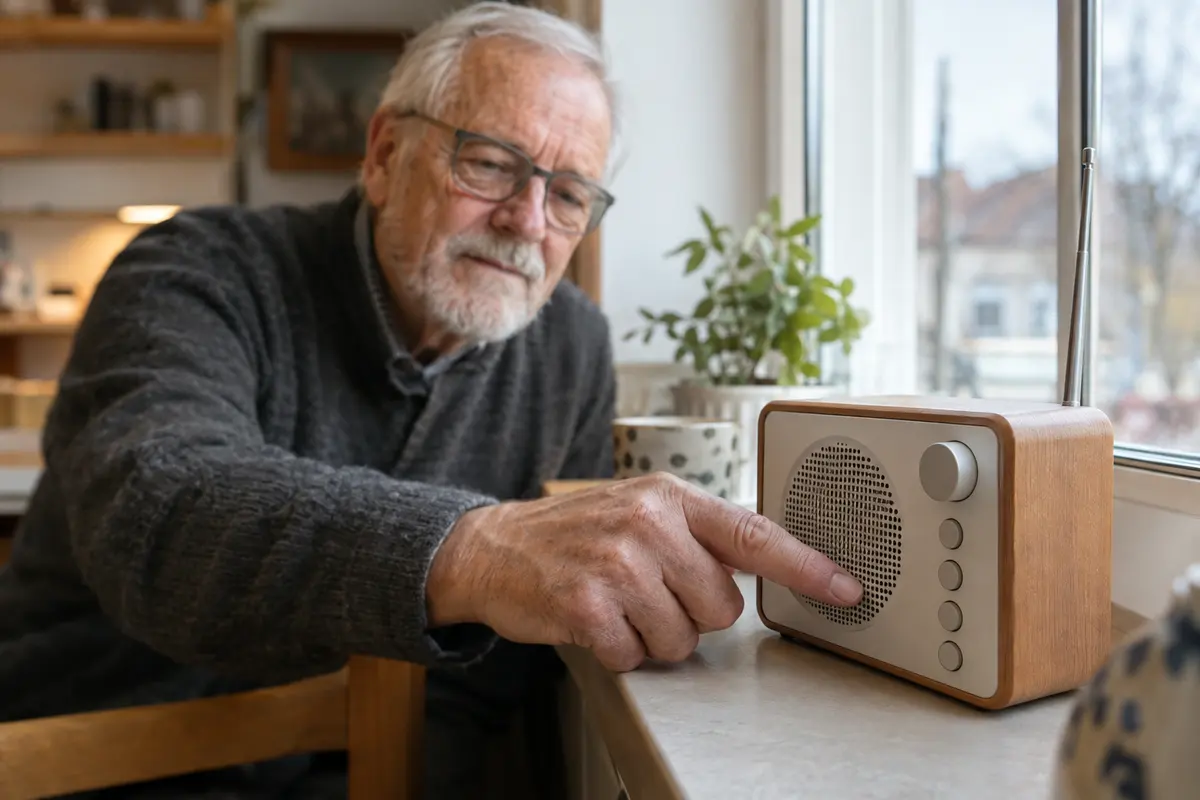 Einen Sender stellt ein bebrillter, weißbärtiger Opa an einem hölzernen Radio auf der Fensterbank ein.