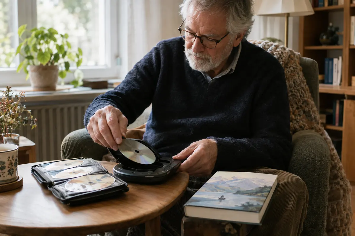 Eine CD legt ein bebrillter Opa mit grauem Bart in einen tragbaren CD-Player, daneben liegt eine Hülle mit weiteren CDs auf dem Tisch.