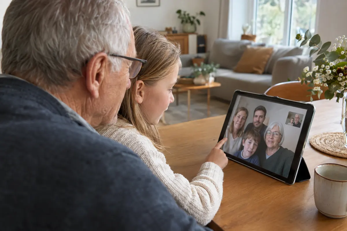 Auf einem Tablet startet ein bebrillter Opa gemeinsam mit einem Mädchen einen Videoanruf mit der Familie am Küchentisch.