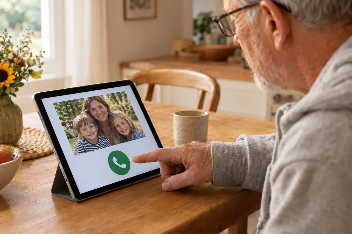 Den grünen Anruf-Button tippt ein bebrillter, weißbärtiger Opa auf einem Tablet mit einem Foto seiner Familie am Küchentisch.