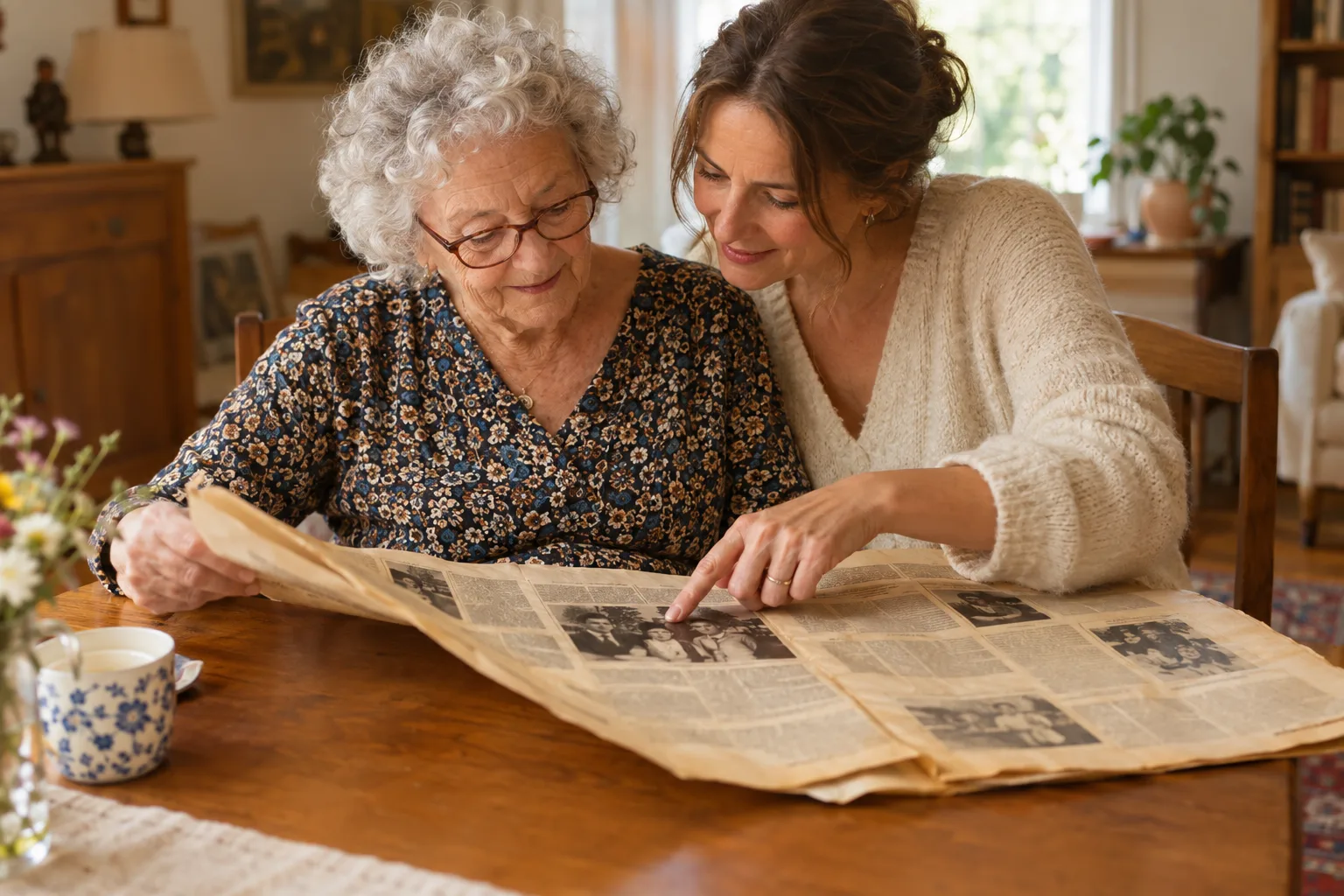 Eine vergilbte Zeitung liegt vor zwei Frauen am Holztisch; die jüngere zeigt auf ein Schwarzweißfoto, die weißhaarige schaut hin.