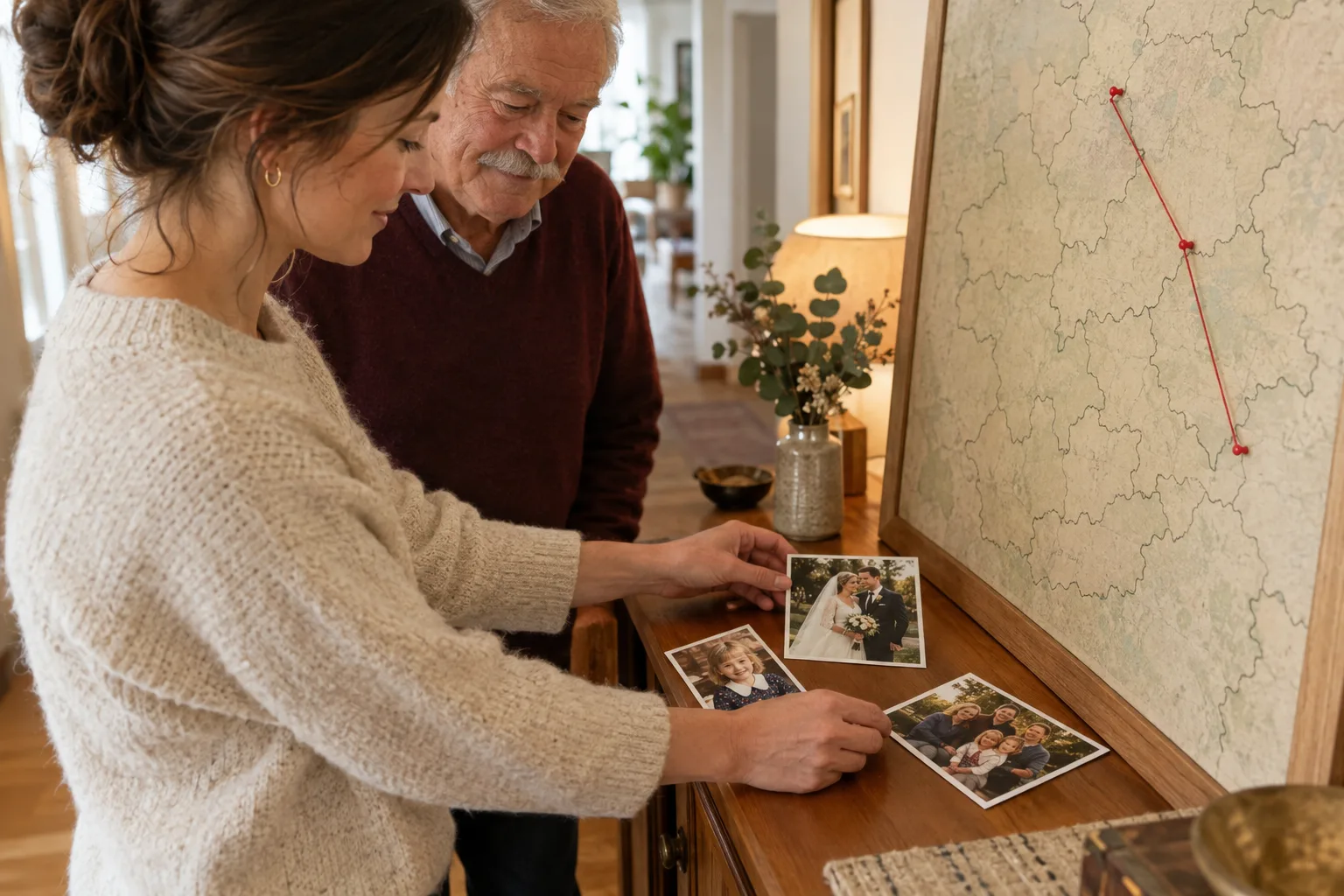 Eine gerahmte Landkarte zeigt rote Stecknadeln mit Verbindungsfaden; davor betrachten ein weißhaariger Mann und eine Frau Familienfotos.