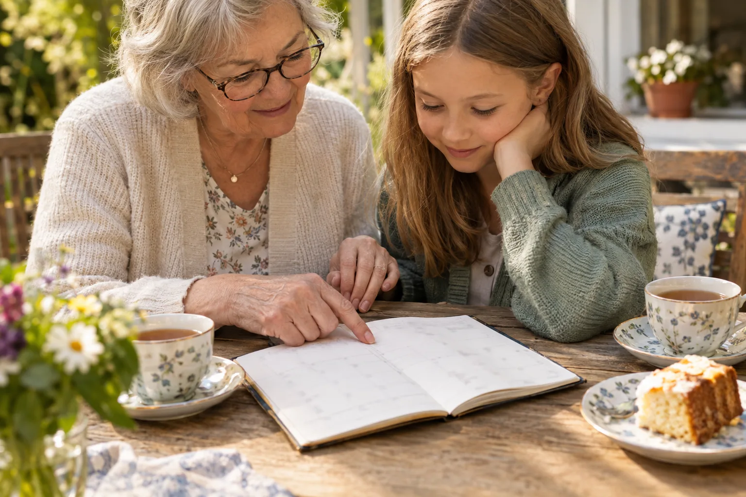 Ein offener Kalender liegt auf dem Gartentisch; eine grauhaarige Frau zeigt auf eine Stelle, ein Mädchen schaut bei Tee und Kuchen zu.