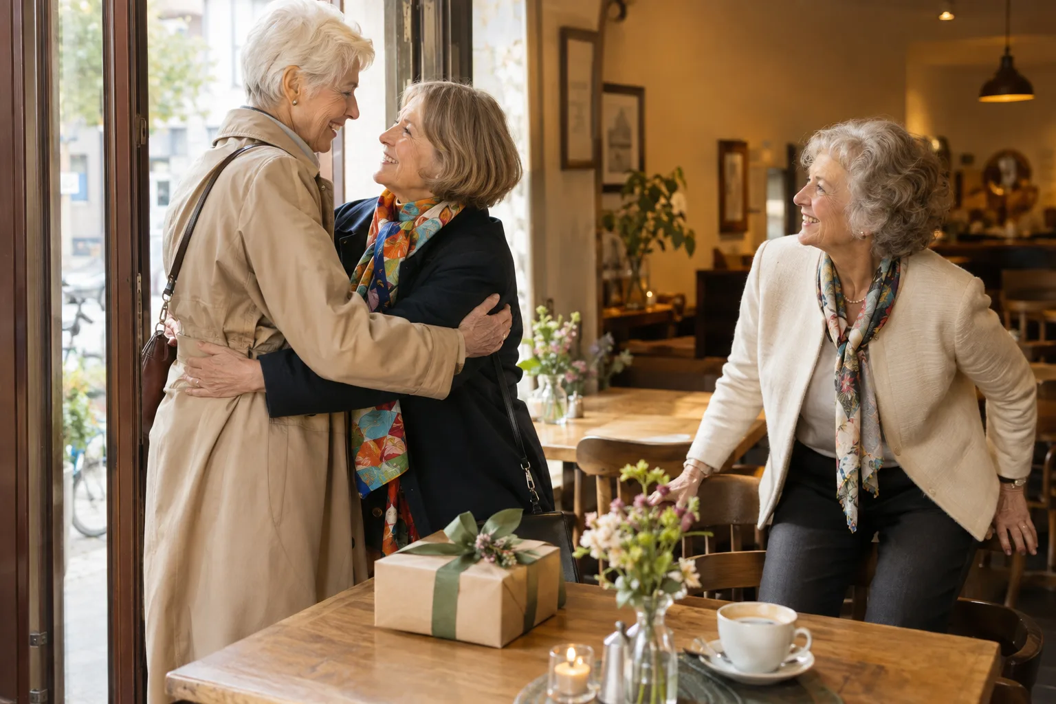 Ein Geschenk mit grünem Band steht auf dem Cafétisch; zwei Frauen umarmen sich zur Begrüßung, eine dritte schaut lächelnd zu.