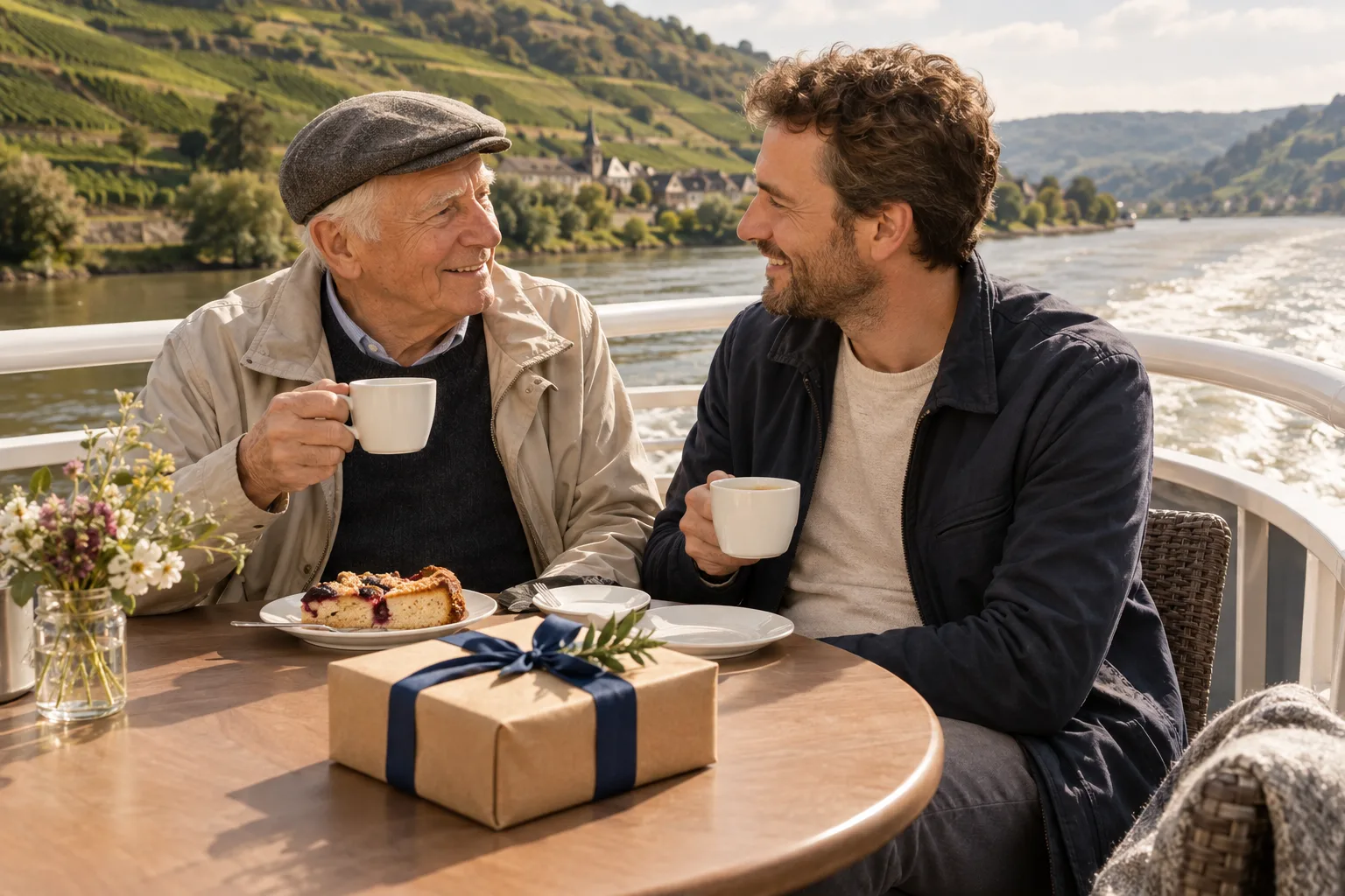 Bei einer Schiffsfahrt sitzen ein weißhaariger und ein jüngerer Mann mit Kaffeetassen am Tisch; am Flussufer liegen Weinberge.