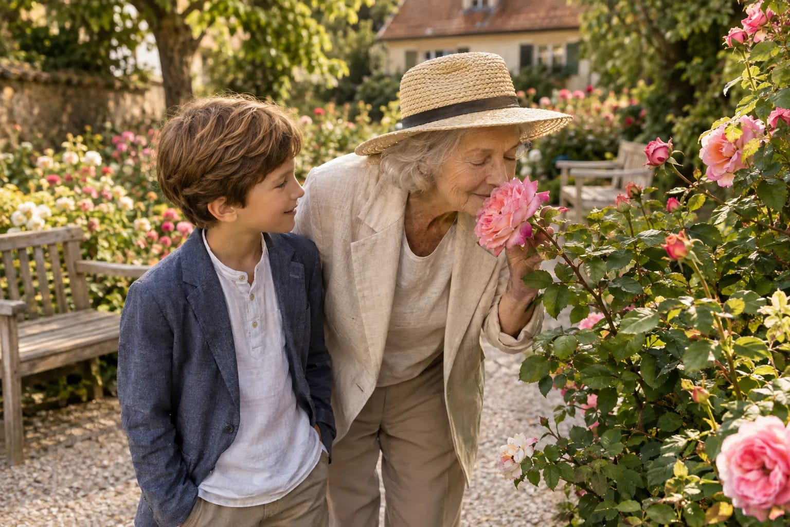 Im blühenden Rosengarten riecht eine grauhaarige Frau mit Strohhut an einer rosa Rose; ein Junge im blauen Jackett schaut zu.