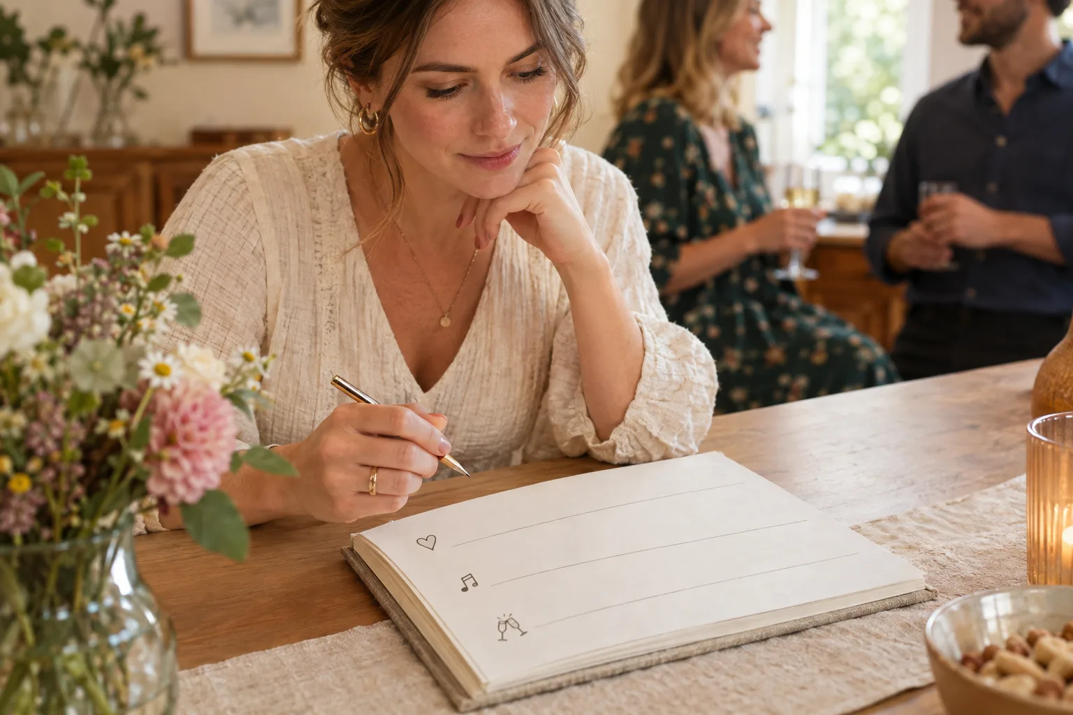 Ein offenes Gästebuch mit Linien, Herz, Noten und Gläsermotiv liegt vor einer Frau, die einen Stift über die Seite hält.