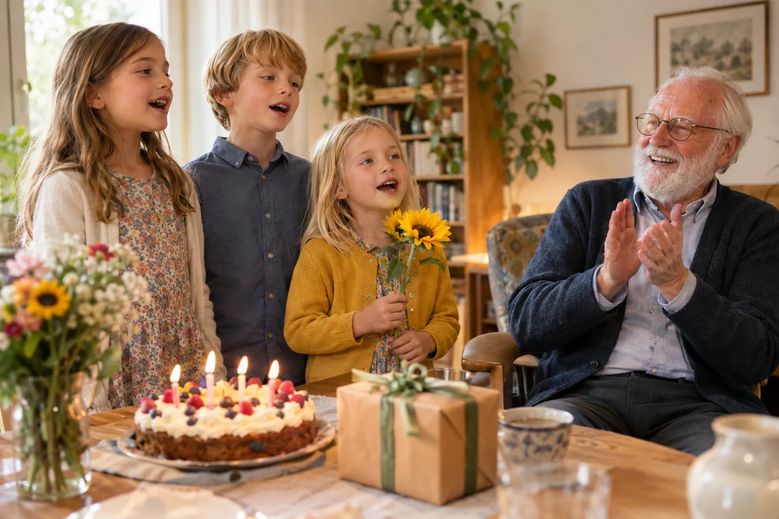Drei Kinder singen vor einem weißhaarigen Mann, der lächelnd klatscht; auf dem Tisch stehen eine Torte und ein Geschenk.