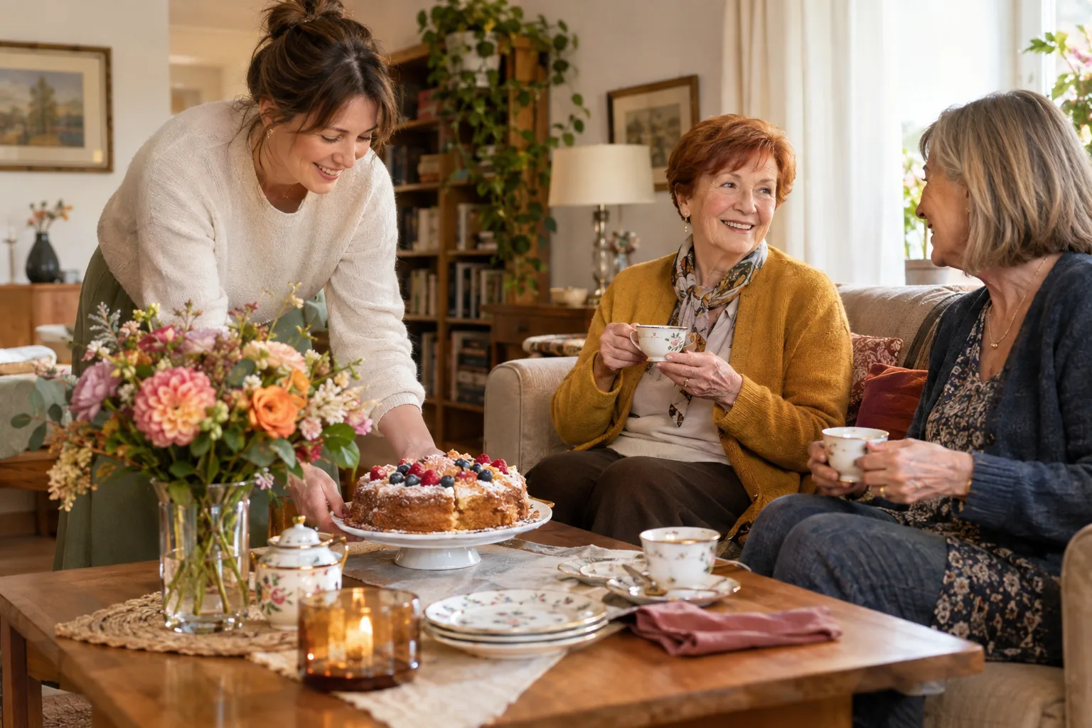 Eine Kaffeetafel mit Blumen und Porzellangeschirr steht im Wohnzimmer; eine Frau stellt Kuchen vor zwei Frauen mit Tassen ab.