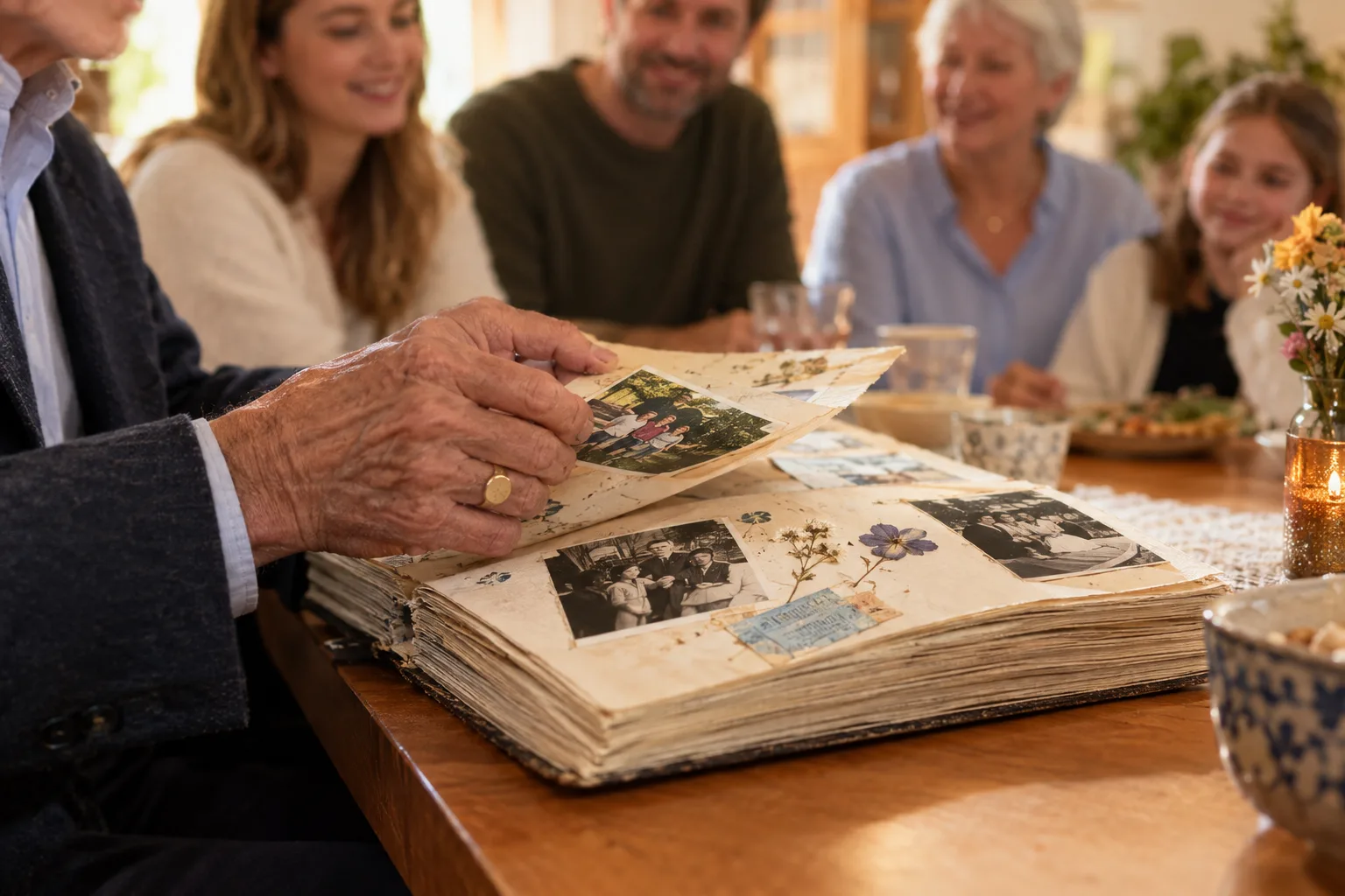 Ein dickes Erinnerungsbuch mit alten Fotos und gepressten Blumen liegt auf dem Tisch; ein Mann blättert darin, vier Personen schauen zu.
