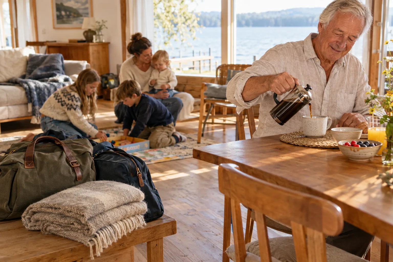 Reisetaschen und Decken liegen im Wohnraum mit Seeblick; ein grauhaariger Mann gießt Kaffee ein, dahinter spielen Kinder.