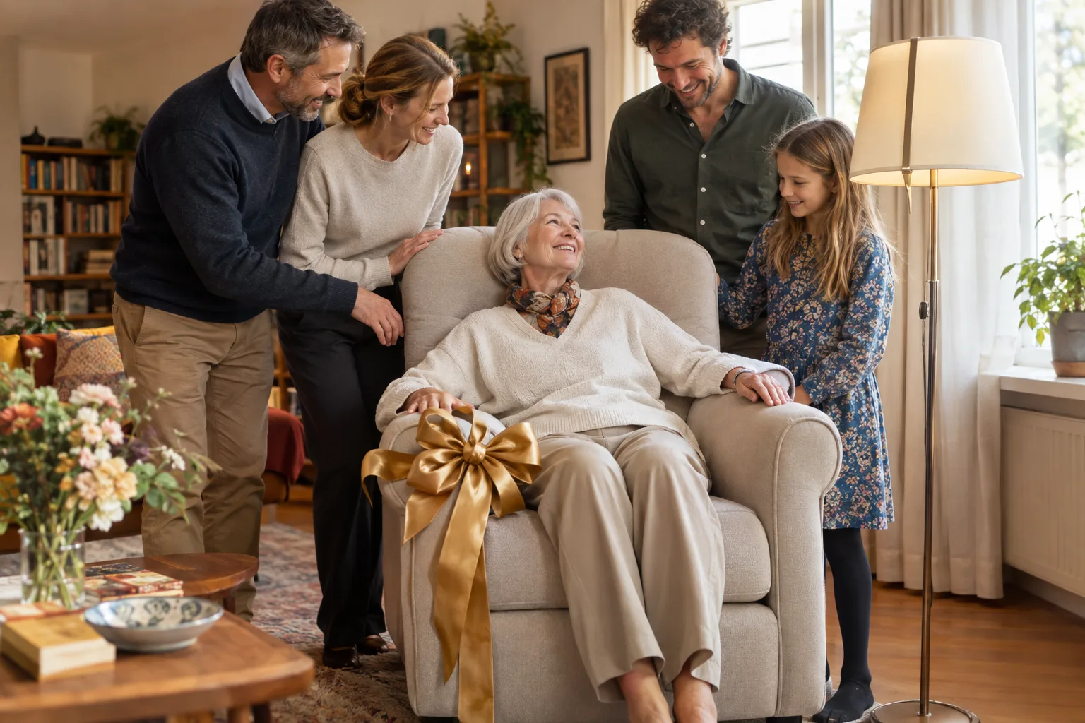 Ein beiger Polstersessel trägt eine große goldene Schleife; eine weißhaarige Frau sitzt darin, drei Erwachsene und ein Kind stehen dabei.