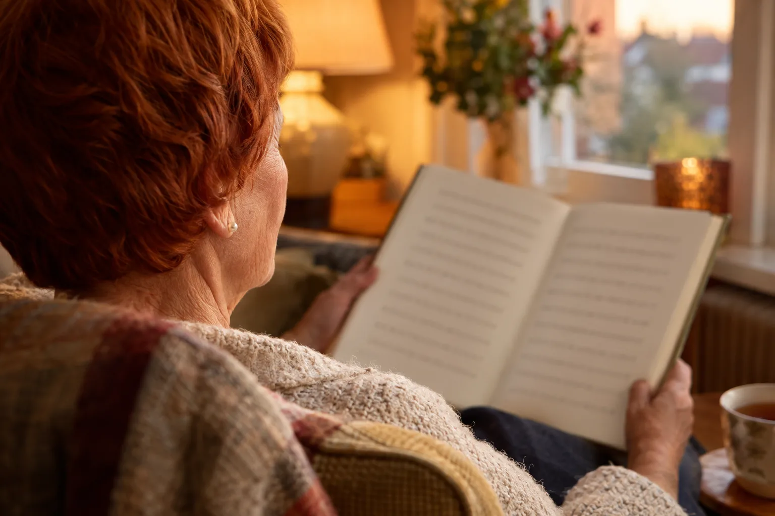 Ein aufgeschlagenes Buch hält eine Frau mit kurzen rötlichen Haaren im Sessel am Fenster, neben ihr steht eine Tasse Tee.