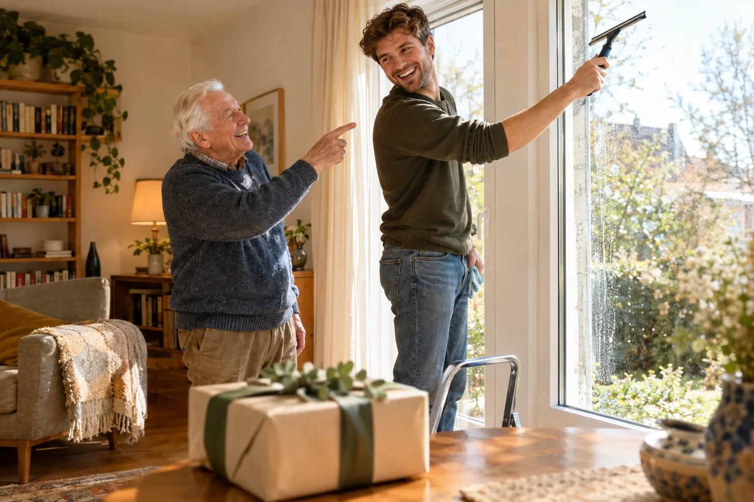 Das Fenster putzt ein junger Mann mit einem Abzieher, während ein weißhaariger Mann daneben auf die Scheibe zeigt.