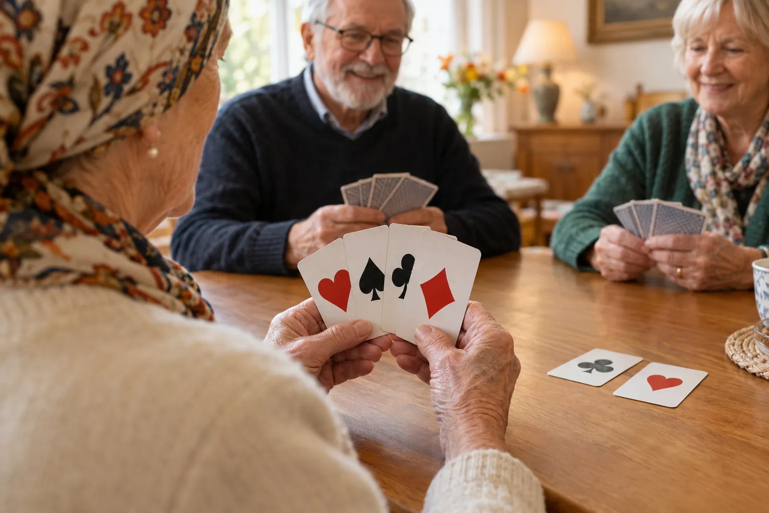 Spielkarten mit großen roten und schwarzen Symbolen hält eine Frau in den Händen; zwei weitere Personen spielen am Holztisch mit.