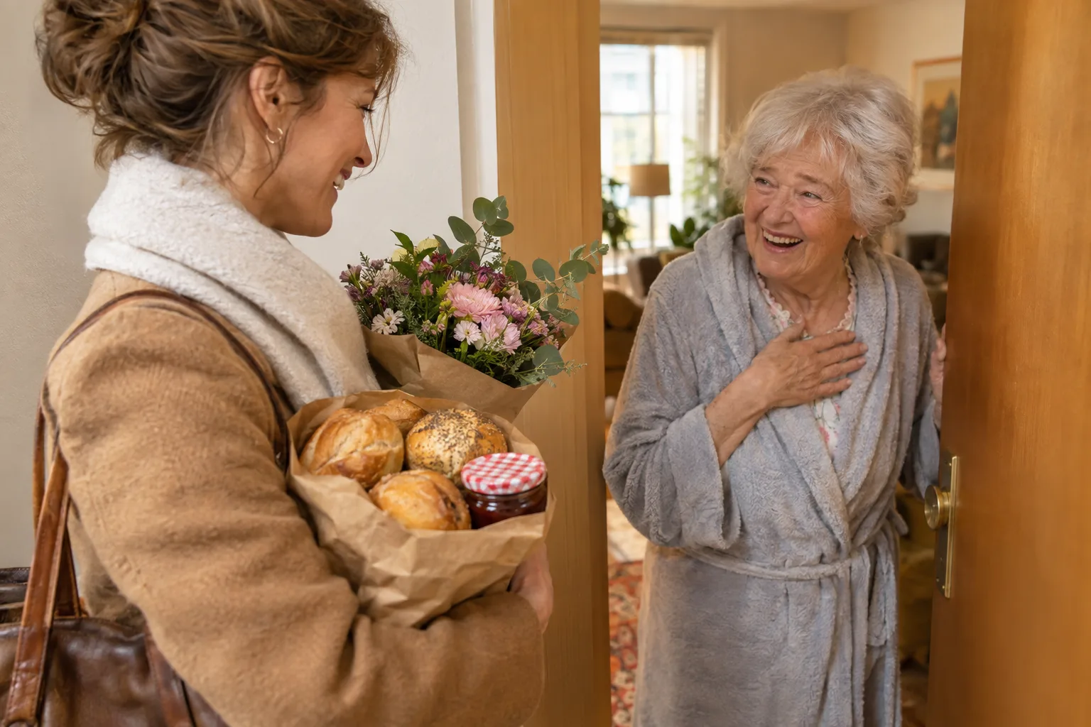 Brötchen, ein Glas Marmelade und einen Blumenstrauß bringt eine Frau an die Tür, wo eine weißhaarige Frau im Bademantel lächelt.