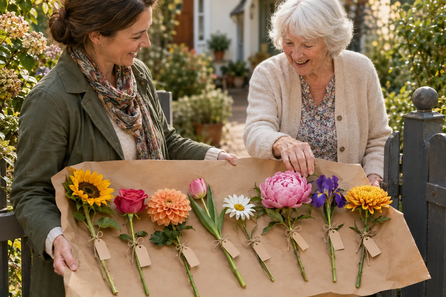 Acht verschiedenfarbige Blumen mit kleinen Anhängern liegen auf braunem Papier, das zwei lächelnde Frauen am Gartentor halten.