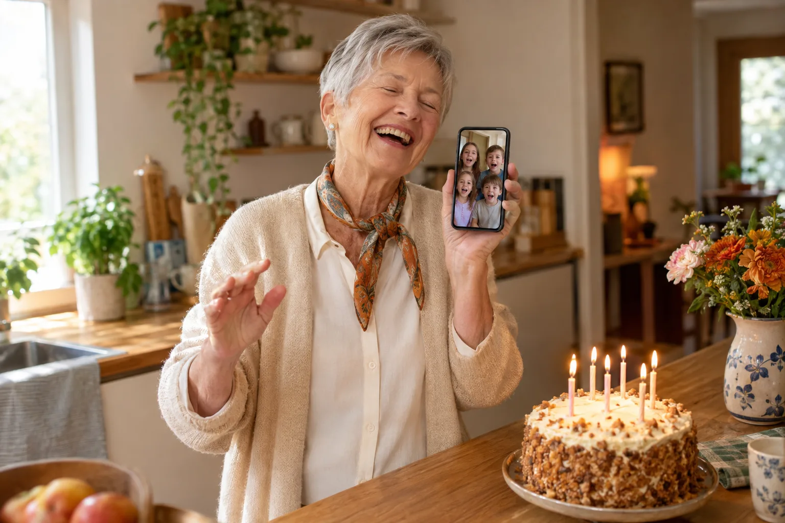 Ein Smartphone mit vier Kindern mit geöffneten Mündern auf dem Display hält eine lachende grauhaarige Frau neben einer Kerzentorte.