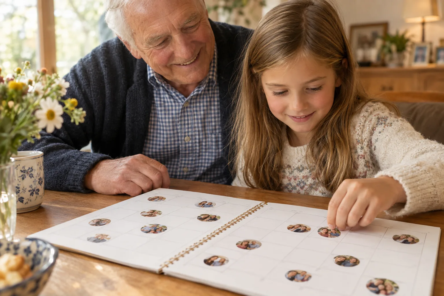 Ein Besuchskalender liegt auf dem Holztisch; ein Mädchen legt ein rundes Familienfoto hinein, ein grauhaariger Mann schaut zu.