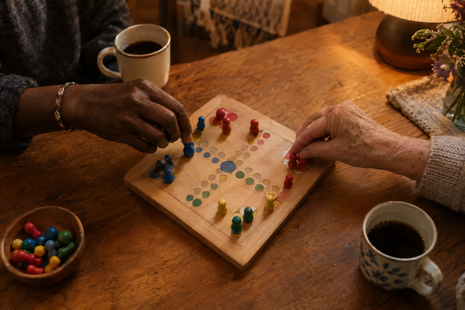 Ein Holzbrettspiel mit bunten Figuren liegt zwischen zwei Tassen auf dem Tisch, zwei Hände bewegen rote und blaue Spielfiguren.