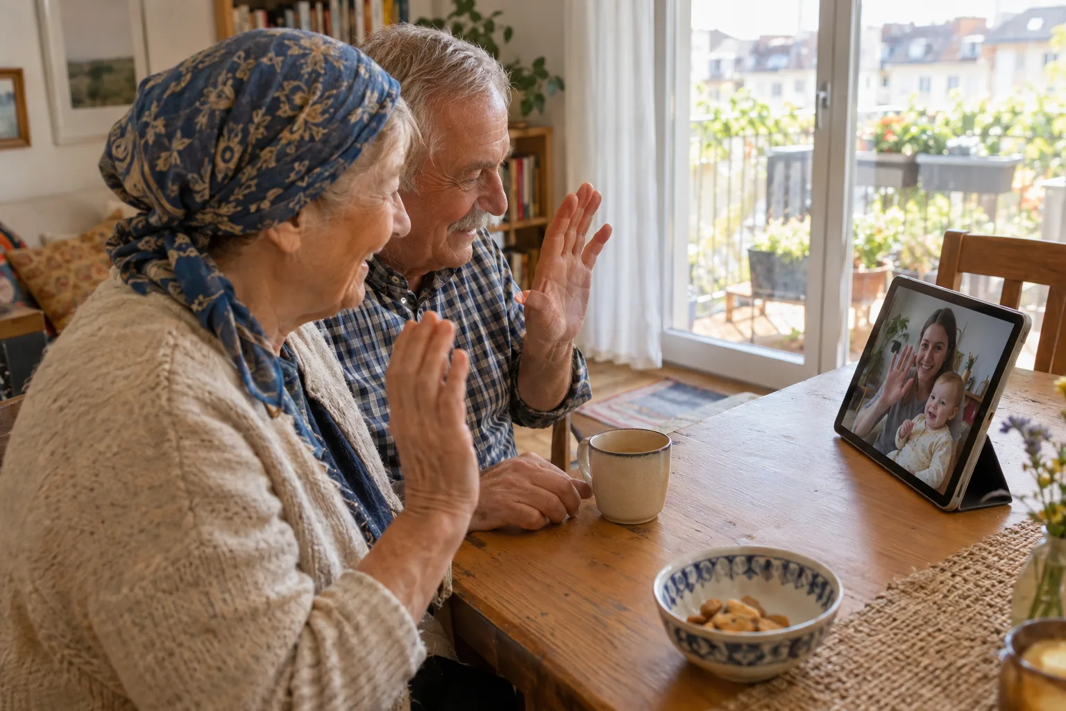 Ein Tablet auf dem Holztisch zeigt eine Frau mit Kleinkind im Videoanruf, ein grauhaariges Paar winkt zum Bildschirm.