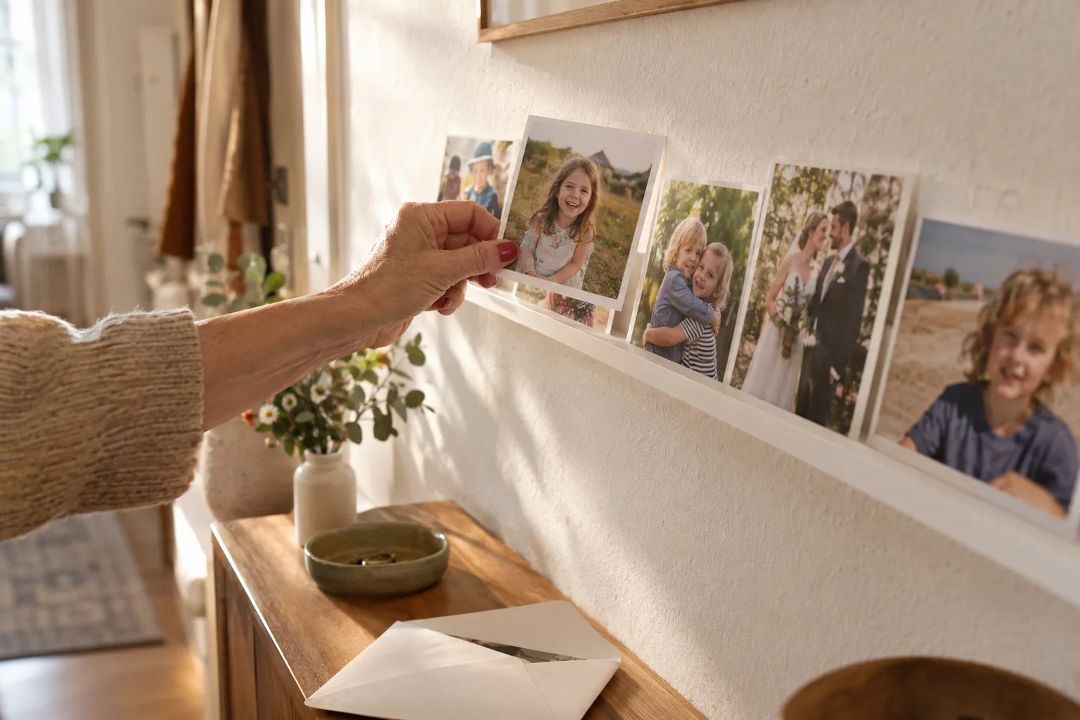 Eine weiße Bilderleiste trägt Kinder- und Hochzeitsfotos; eine Hand stellt ein weiteres Kinderfoto dazu.