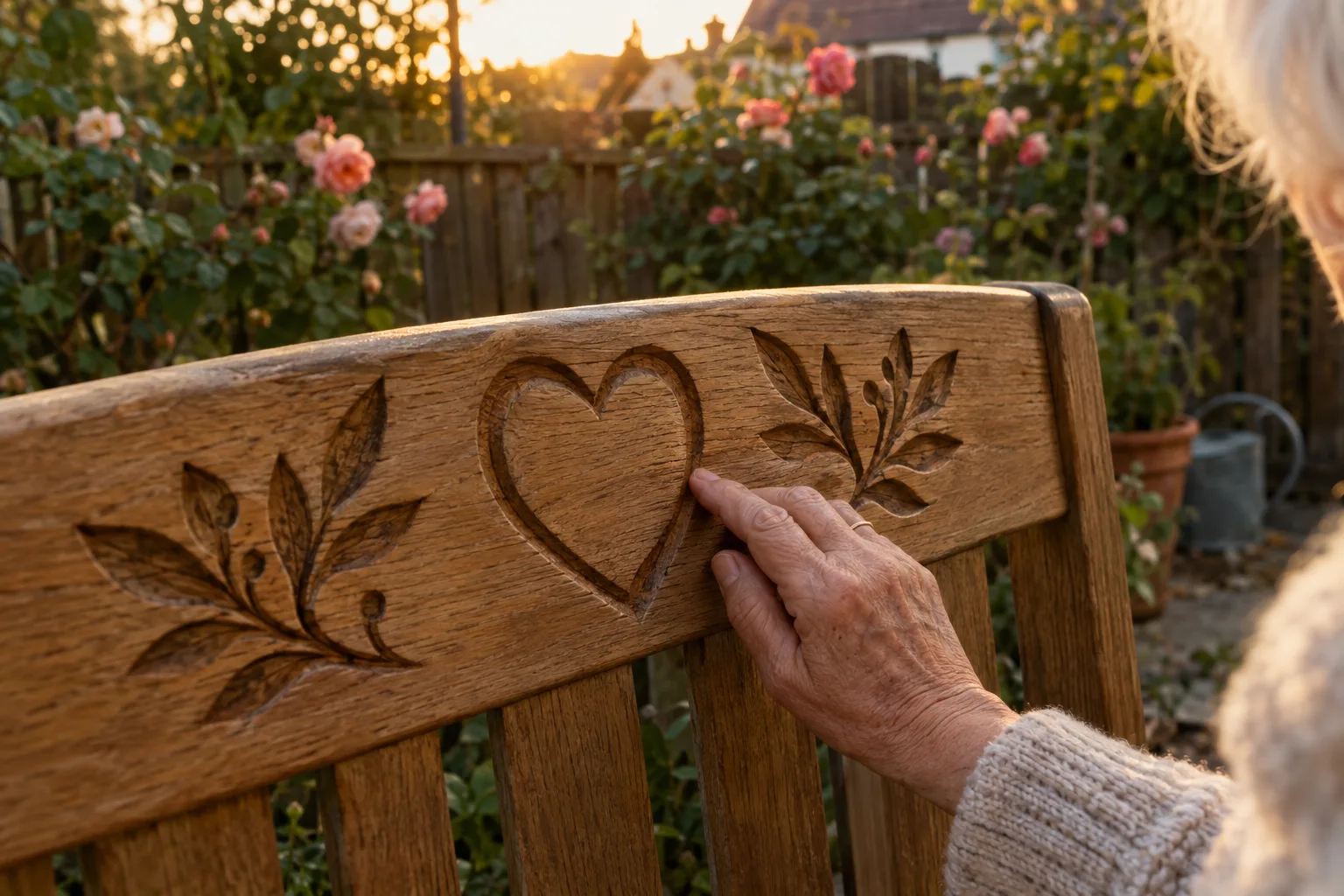 Eine Gartenbank aus Holz mit eingraviertem Herz und Blättern wird von einer grauhaarigen Frau im Rosengarten berührt.