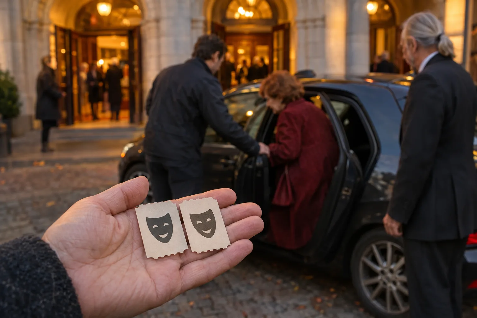 Zwei Karten mit Theatermasken liegen auf einer Hand, dahinter hilft ein Mann einer Frau an der offenen Autotür.