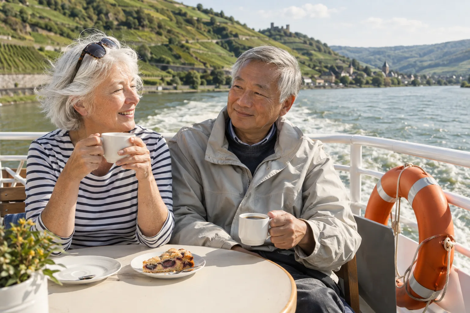 Bei einer Schiffsfahrt sitzt ein grauhaariges Paar mit Kaffee und Kuchen an Deck, hinter ihm ziehen Weinberge vorbei.