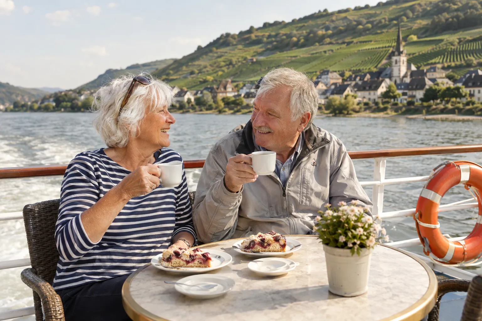 Bei einer Schiffsfahrt sitzt ein grauhaariges Paar mit Kaffeetassen und Kuchen an Deck, hinter ihm liegen Dorf und Weinberge.